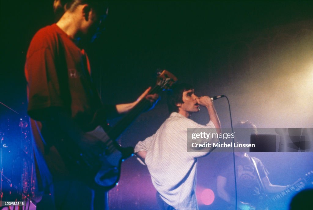 English rock group the Stone Roses performing on stage, 1995. Left to ...