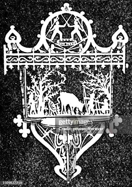 archery bracket design scroll saw stencil by a. h. pomeroy - 19th century - bracket household fixture stock illustrations