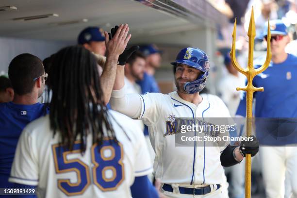 Tom Murphy of the Seattle Mariners celebrates his home run against the Tampa Bay Rays during the sixth inning at T-Mobile Park on July 02, 2023 in...