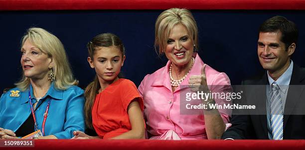 Ronna Romney, Chloe Romney, Ann Romney, and Matt Romney sit in the VIP box during the third day of the Republican National Convention at the Tampa...