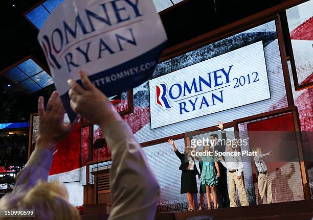 Republican vice presidential candidate, U.S. Rep. Paul Ryan waves with his family, daughter Liza Ryan, sons Charlie Ryan and Sam Ryan and wife, Janna...