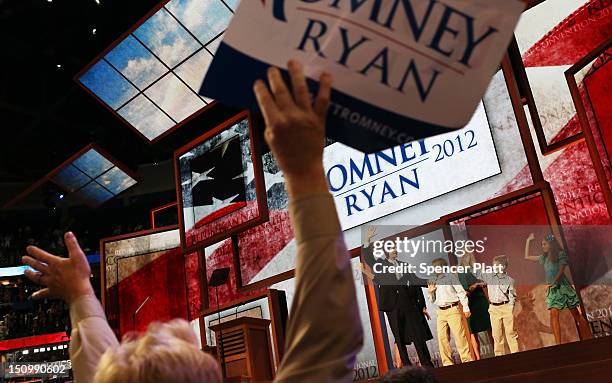 Republican vice presidential candidate, U.S. Rep. Paul Ryan waves with his family, daughter Liza Ryan, sons Charlie Ryan and Sam Ryan and wife, Janna...