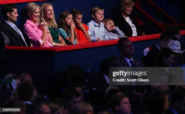 Mitt Romney's son Matt Romney, and wife Ann Romney, Paul Ryan's wife Janna Ryan, daughter Liza Ryan, Romney's grandchild Chloe Romney, Ryan's sons,...