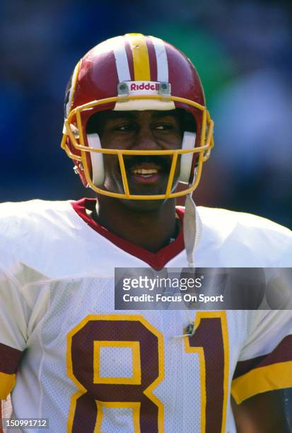 Wide Receiver Art Monk of the Washington Redskins looks on during an NFL football game at RFK Stadium circa 1988 in Washington, D.C.. Monk played for...