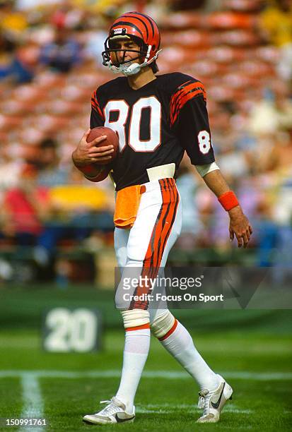 Wide Receiver Cris Collinsworth of the Cincinnati Bengals warms up in pre-game warm ups before an NFL football game against the San Diego Chargers at...