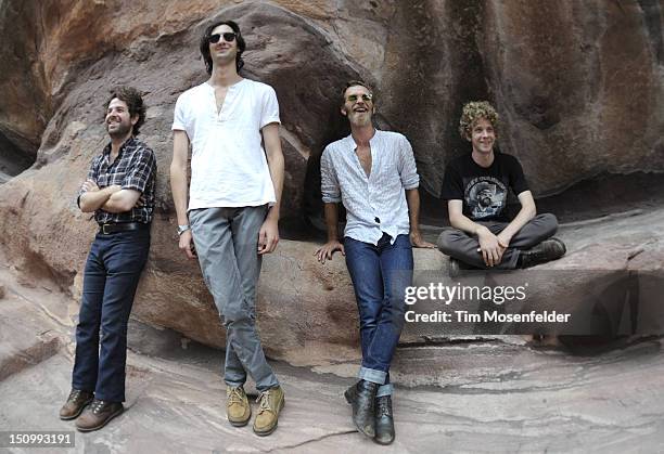 Taylor Goldsmith, Wylie Gelber, Tay Strathairn, and Griffin Goldsmith of Dawes pose at Red Rocks Amphitheatre on August 29, 2012 in Morrison,...