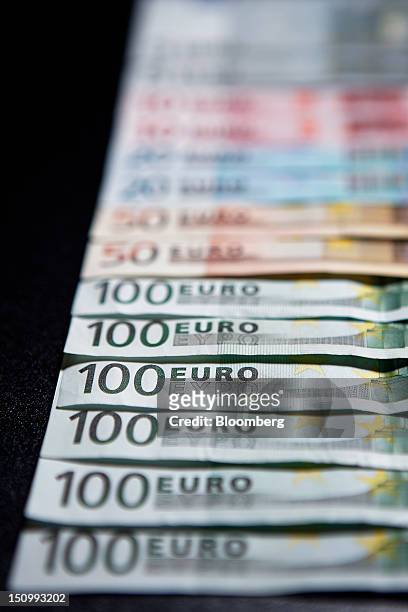 Euro banknotes of various denominations are arranged for a photograph in Soka City, Saitama Prefecture, Japan, on Wednesday, Aug. 29, 2012. The euro...