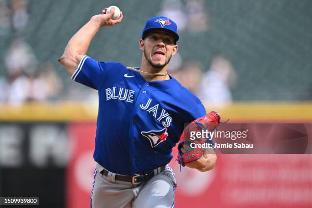 Jose Berrios of the Toronto Blue Jays pitches in the first inning against the Chicago White Sox at Guaranteed Rate Field on July 6, 2023 in Chicago,...