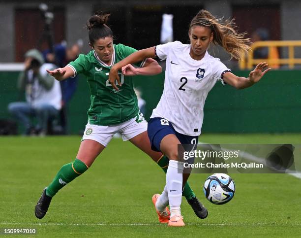 Marissa Sheva of Republic of Ireland and Maelle Lakrar of France battle for the ball during the international women's football friendly match between...