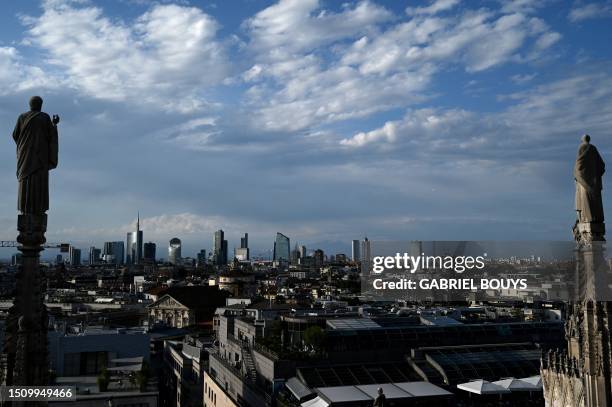 Milan's skyline with the Porta Nuova business district is seen from the terrace of Duomo Cathedral in Milan, on July 6, 2023.