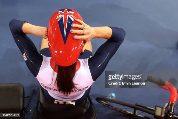 Sarah Storey of Great Britain prepares prior to the Women's Individual C5 Pursuit Cycling qualifying on day 1 of the London 2012 Paralympic Games at...