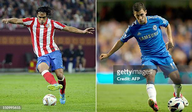 Combination of two recent pictures shows Atletico Madrid's Colombian midfielder Radamel Falcao and Chelsea's Belgian attacker Eden Hazard. Chelsea...