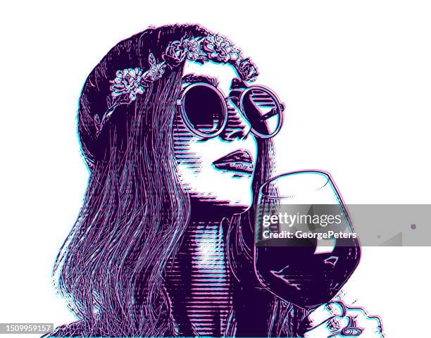 boho hippie woman drinking glass of wine with glitch technique - bobo tribe stock illustrations