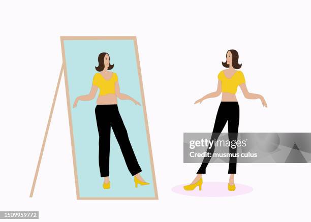 ilustrações de stock, clip art, desenhos animados e ícones de symbol of anorexia mental disorder, thin woman looking in mirror and seeing herself fat, vector illustration on pink background. - bulimia