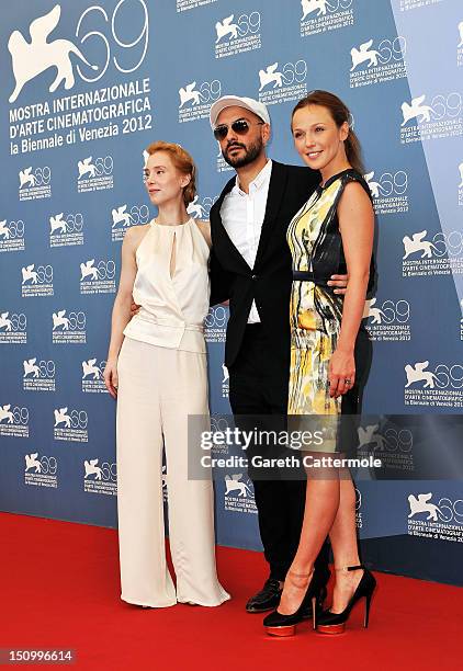 Actress Franziska Petri, director Kirill Serebrennikov and actress Albina Dzhanabaeva attend the "Izmena" photocall during the 69th Venice Film...