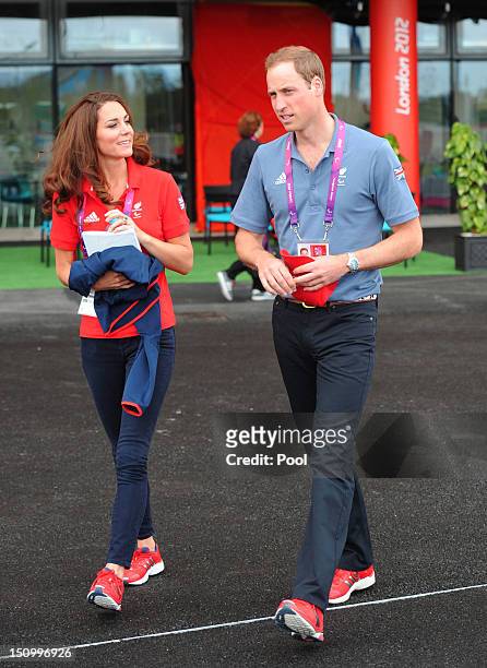 Prince William, Duke of Cambridge and Catherine, Duchess of Cambridge leave the Velodrome after watching cycling events at the London 2012 Paralympic...