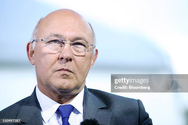 Michel Sapin, France's labor minister, pauses during a Bloomberg Television interview at the Mouvement des Enterprises de France conference at Campus...