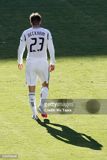 David Beckham of Los Angeles Galaxy walks on the pitch during the MLS match against FC Dallas at The Home Depot Center on August 26, 2012 in Carson,...