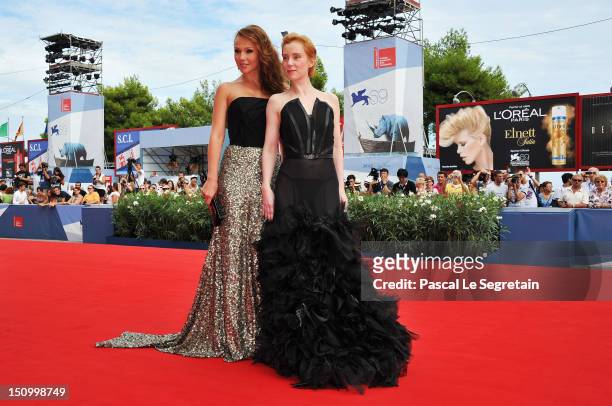 Actresses Albina Dzhanabaeva and Franziska Petri attend the "Izmena" premiere during the 69th Venice Film Festival at the Palazzo del Cinema on...