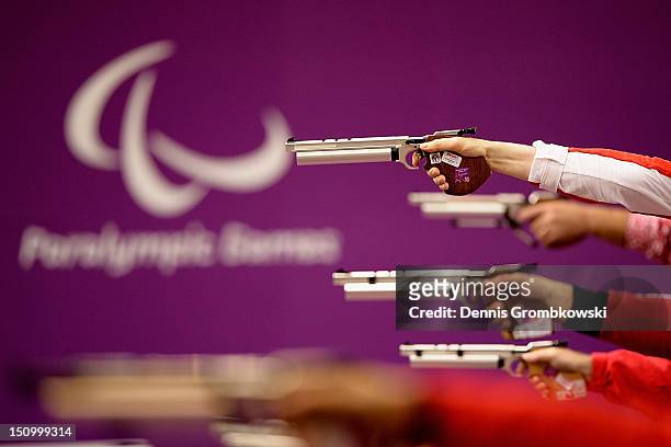Air pistols during the Men's P1-10m Air Pistol SH1 Finals on day 1 of the London 2012 Paralympic Games at The Royal Artillery Barracks on August 30,...