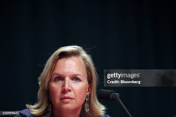 Virginie Calmels, president of Endemol France, pauses during a plenary session at the Mouvement des Enterprises de France conference at Campus HEC in...