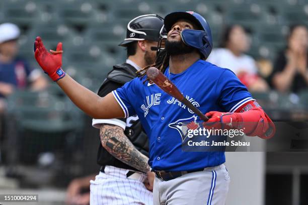 Vladimir Guerrero Jr. #27 of the Toronto Blue Jays reacts after a called third strike in the fourth inning against the Chicago White Sox at...