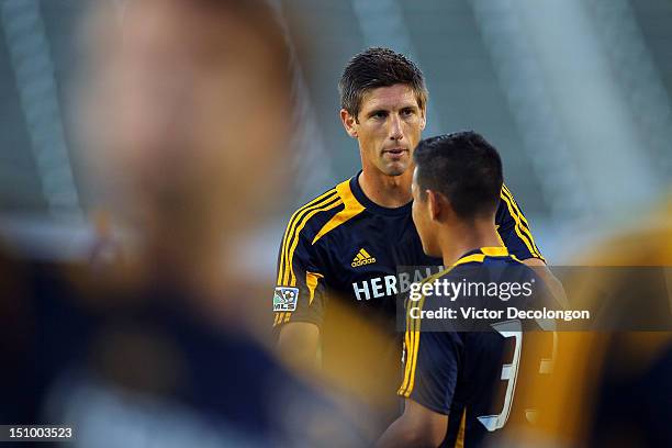 Andrew Boyens of the Los Angeles Galaxy looks on during warm-up prior to their group stage CONCACAF Champions League match against the Puerto Rico...