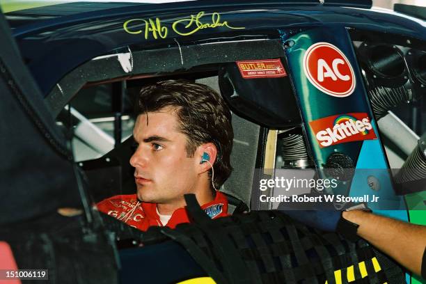 Nascar legend Jeff Gordon prepares his car for the cup race, Charlotte NC, 1996