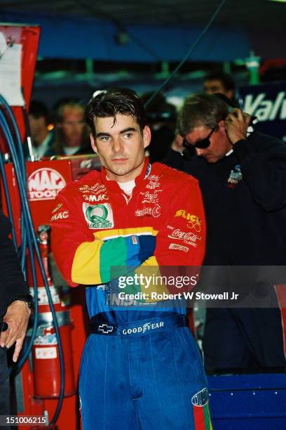 Nascar driver Jeff Gordon reflects on his 24 car's performance after a practice run at Charlotte Motor Speedway, Charlotte, NC, 1996.