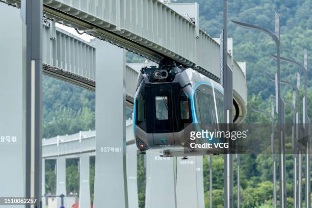 The futuristic Optics Valley sky train conducts trial runs on July 2, 2023 in Wuhan, Hubei Province of China. The train serves as a part of a 26.7...