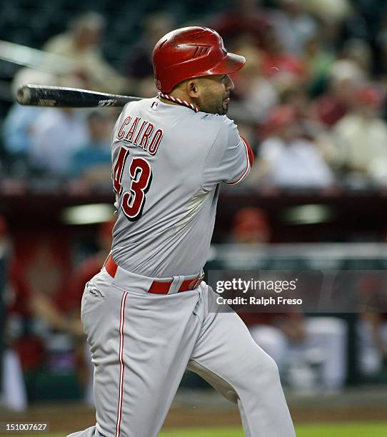 Miguel Cairo of the Cincinnati Reds grounds out to third base against the Arizona Diamondbacks during a MLB game at Chase Field on August 29, 2012 in...