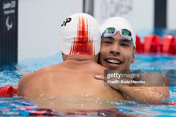 Daniel Dias of Brazil celebrates a victory in Men's 50m freestyle 1 on day 1 of the London 2012 Paralympic Games at Aquatics Centre on August 30,...