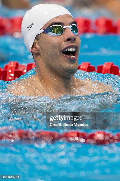 Daniel Dias of Brazil competes in the Men's 50m freestyle 1 on day 1 of the London 2012 Paralympic Games at Aquatics Centre on August 30, 2012 in...