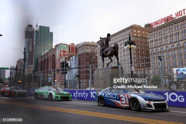 Justin Haley, driver of the Benesch Law Chevrolet, leads the field during the NASCAR Cup Series Grant Park 220 at the Chicago Street Course on July...