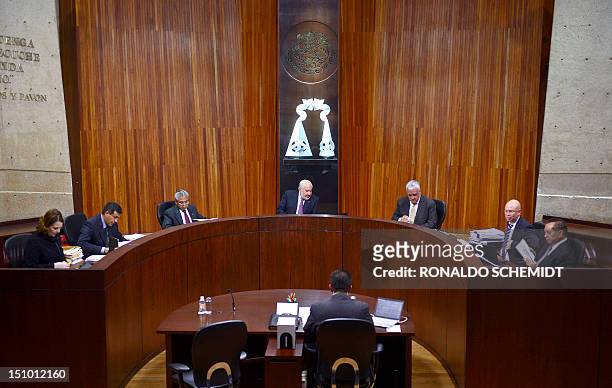 Magistrate President of the Mexican Federal Electoral Tribunal Jose Alejandro Luna Ramos is seen alongside other magistrates, during a session at the...