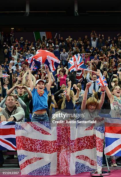 Crowds cheer during the Wheelchair Basketball match between Great Britain and Germany on Day 1 of the London 2012 Paralympic Games at North Greenwich...