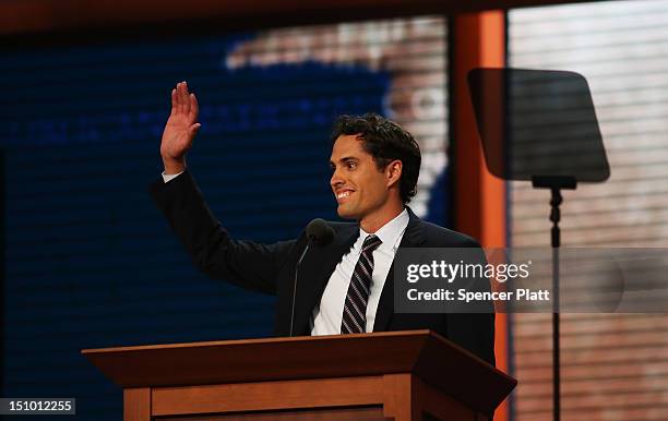 Craig Romney takes the stage to speak about his father Republican presidential candidate, former Massachusetts Gov. Mitt Romney during the final day...