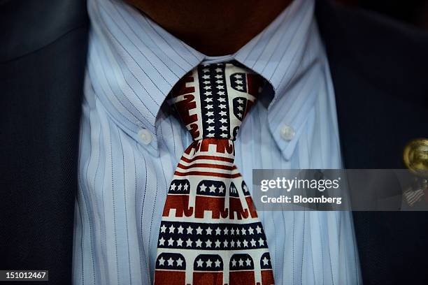 Will Deschamps, state chairman of Montana, wears a tie decorated with elephant mascots at the Republican National Convention in Tampa, Florida, U.S.,...