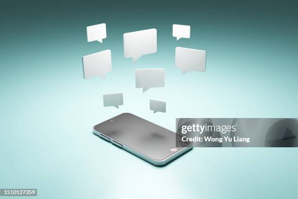 phone with speech bubble, 3d render - sms photos et images de collection