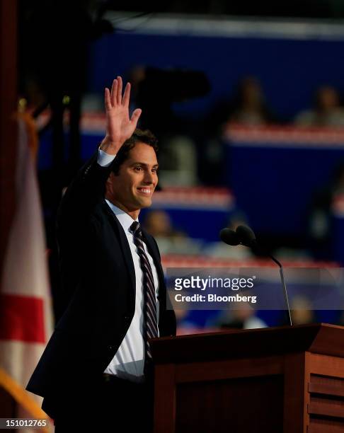 Craig Romney, son of Republican presidential candidate Mitt Romney, waves before speaking at the Republican National Convention in Tampa, Florida,...
