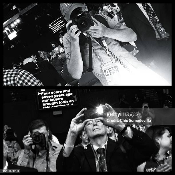 In this diptych, TOP: Photographer Ben Lowy photographs on the floor during the final day of the Republican National Convention at the Tampa Bay...