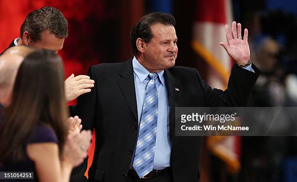 Olympic athlete Michael Eruzione is introduced during the final day of the Republican National Convention at the Tampa Bay Times Forum on August 30,...