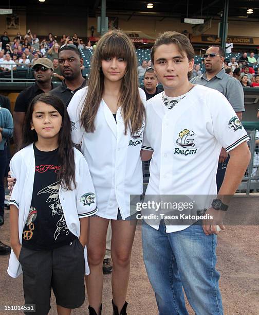 Prince Michael Jackson II, Paris Jackson and Prince Jackson attend the St. Paul Saints Vs. The Gary SouthShore RailCats baseball game at U.S. Steel...