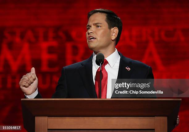 Senator Marco Rubio speaks during the final day of the Republican National Convention at the Tampa Bay Times Forum on August 30, 2012 in Tampa,...