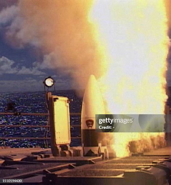 This undated photo from the US Navy shows a developmental Standard Missile-3 , designed to intercept short to medium-ranged ballistic missile...