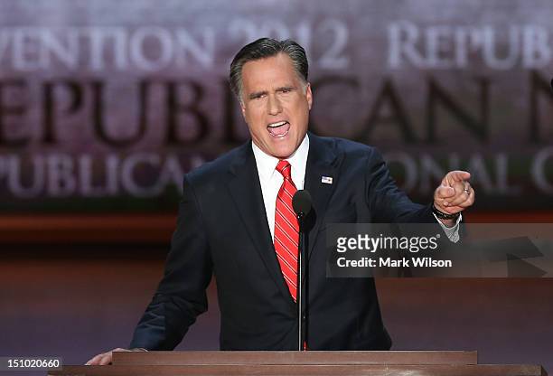 Republican presidential candidate, former Massachusetts Gov. Mitt Romney delivers his nomination acceptance speech during the final day of the...