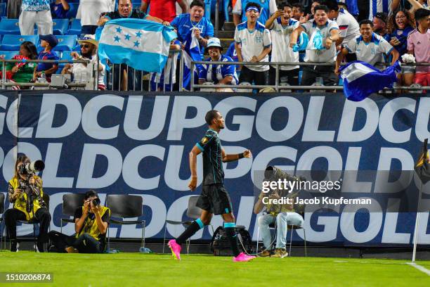 Jerry Bengtson of Honduras celebrates his goal against Haiti during their game at Bank of America Stadium on July 02, 2023 in Charlotte, North...