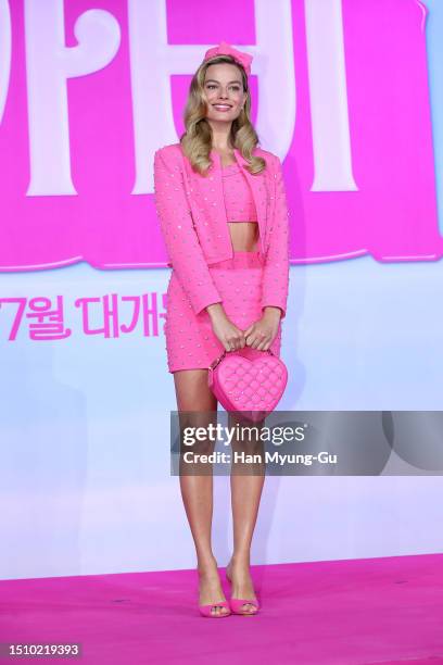 Actress Margot Robbie attends a press conference for "Barbie" on July 03, 2023 in Seoul, South Korea.