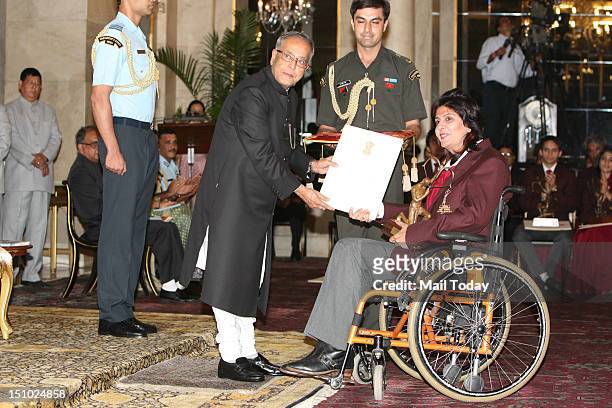 President Pranab Mukherjee honours Paralympian athelete Deepa Malik with Arjuna Award 2012 with Arjuna Award 2012 at President's House in New Delhi...