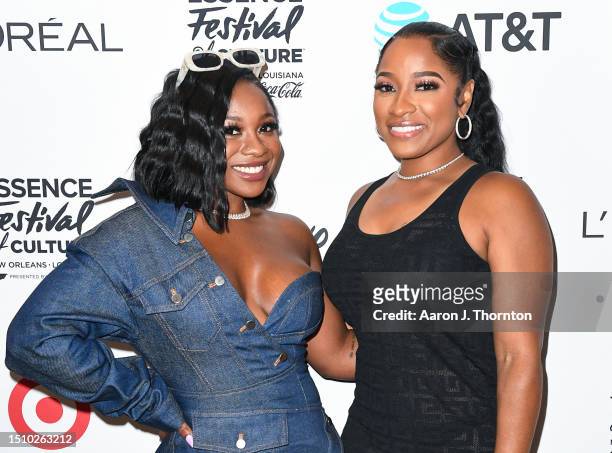 Reginae Carter and Toya Johnson seen backstage during day 3 of the 2023 ESSENCE Festival Of Culture™ at Caesars Superdome on July 02, 2023 in New...